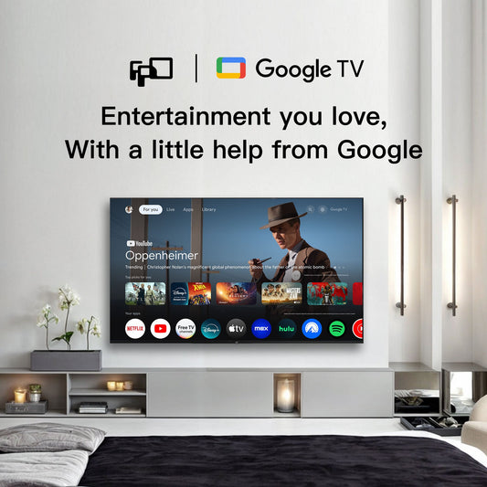 FPD 32 inch Smart TV with Google TV displaying streaming apps in a modern living room.