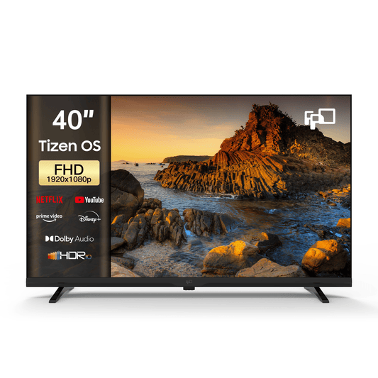 FPD 40 Inch Smart TV with Tizen OS, HDR 10, 1080p display, black frame, showing a beautiful beach landscape