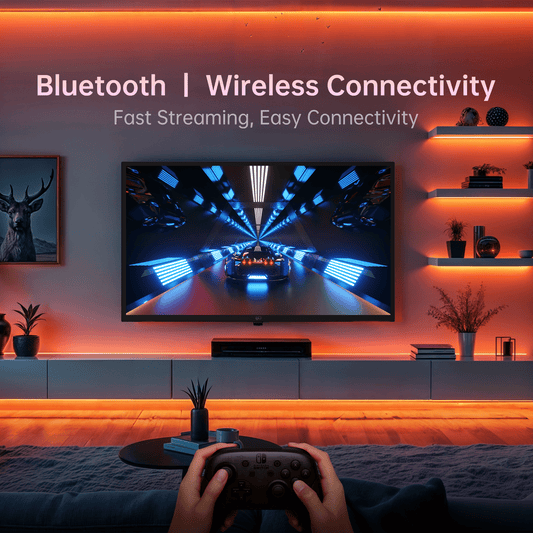 FPD Smart TV displaying fast streaming wireless connectivity, gaming experience with Nintendo Switch controller
