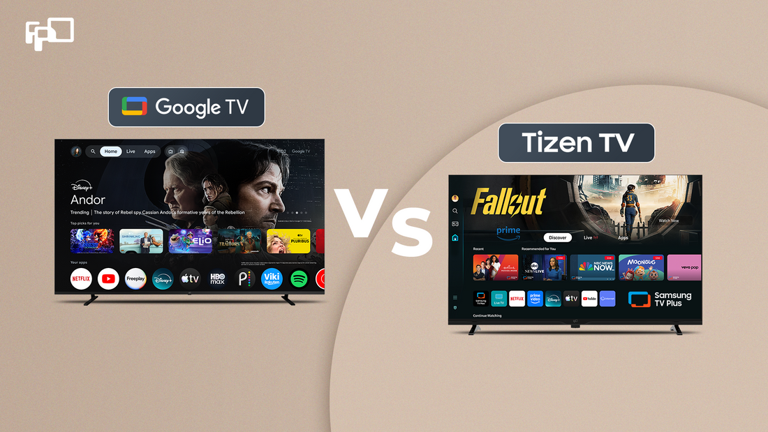    Google TV vs Tizen TV comparison showing two FPD smart TV experiences