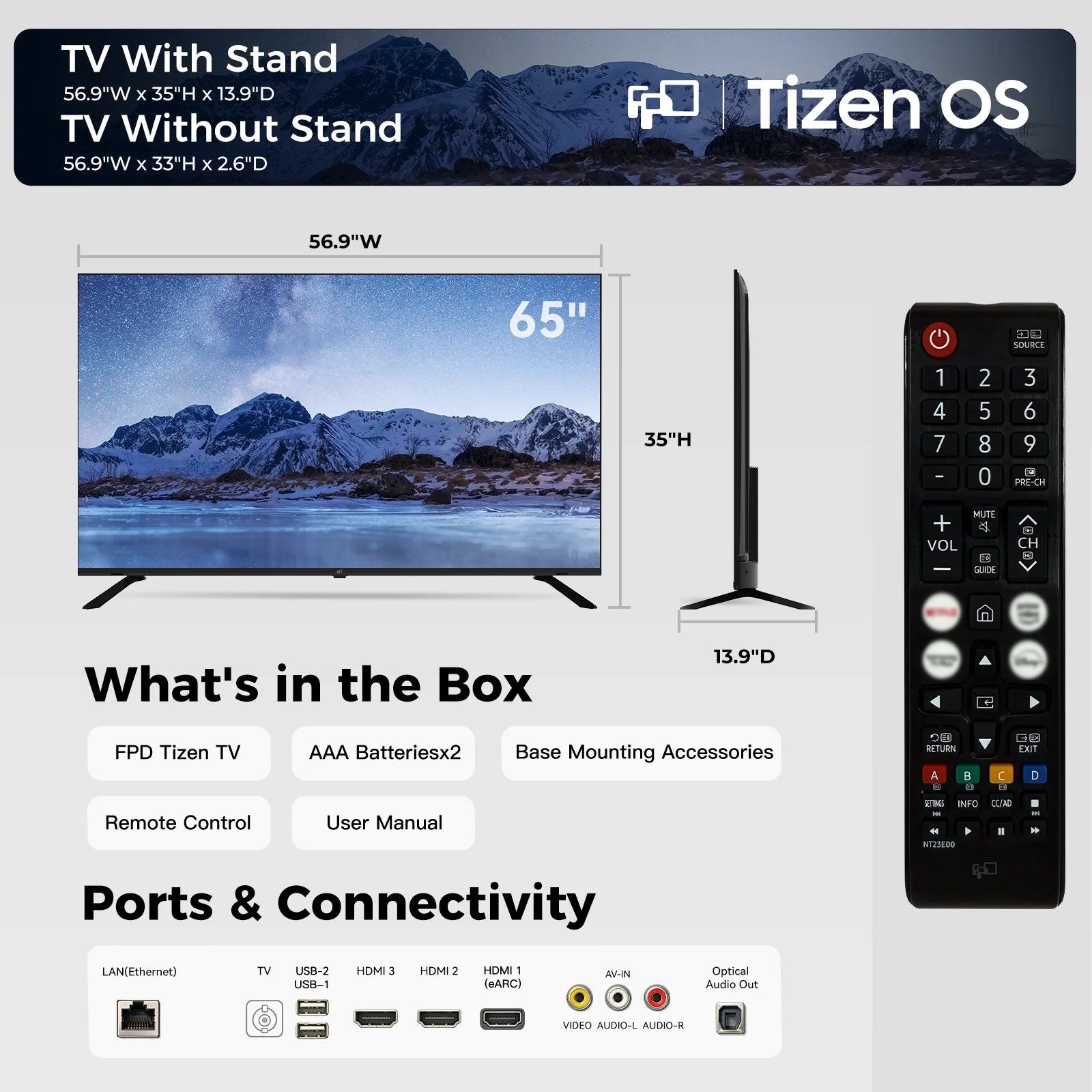 FPD 65-inch Tizen TV dimensions ports and included accessories