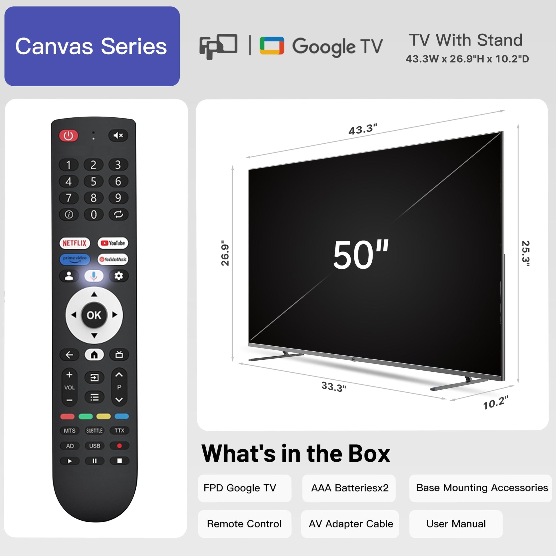 50 inch Canvas Series Smart TV, Frameless TV,4K Google TV,HDR 10,MEMC,Voice Assistant Remote,Compatible with Dolby Atmos & Vision - FPD