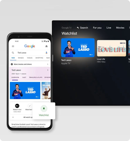 FPD Google TV showcasing Ted Lasso on Apple TV and Watchlist on a smartphone, smart TV features.