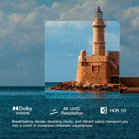 55" 4K UHD HDR TV showcasing Dolby Vision, vibrant colors, and immersive cinematic experience, lighthouse scene.