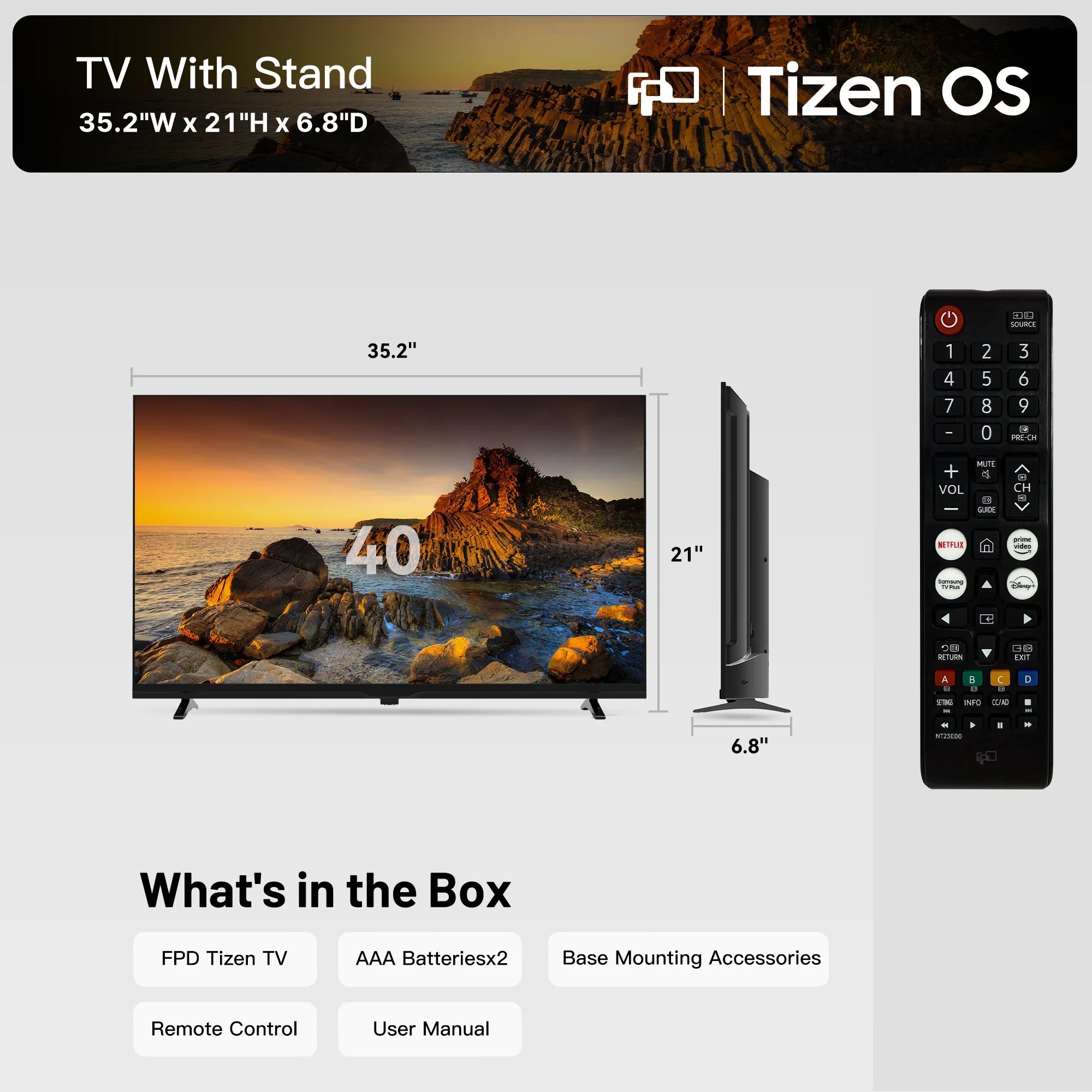 FPD 40 Inch Smart TV 1080p Full HD Powered by Tizen OS Compatible with Dolby Audio, HDR 10, HDMI, Voice Control, WiFi, Bluetooth, Built - in Google Cast, Flat Screen Television - FPD