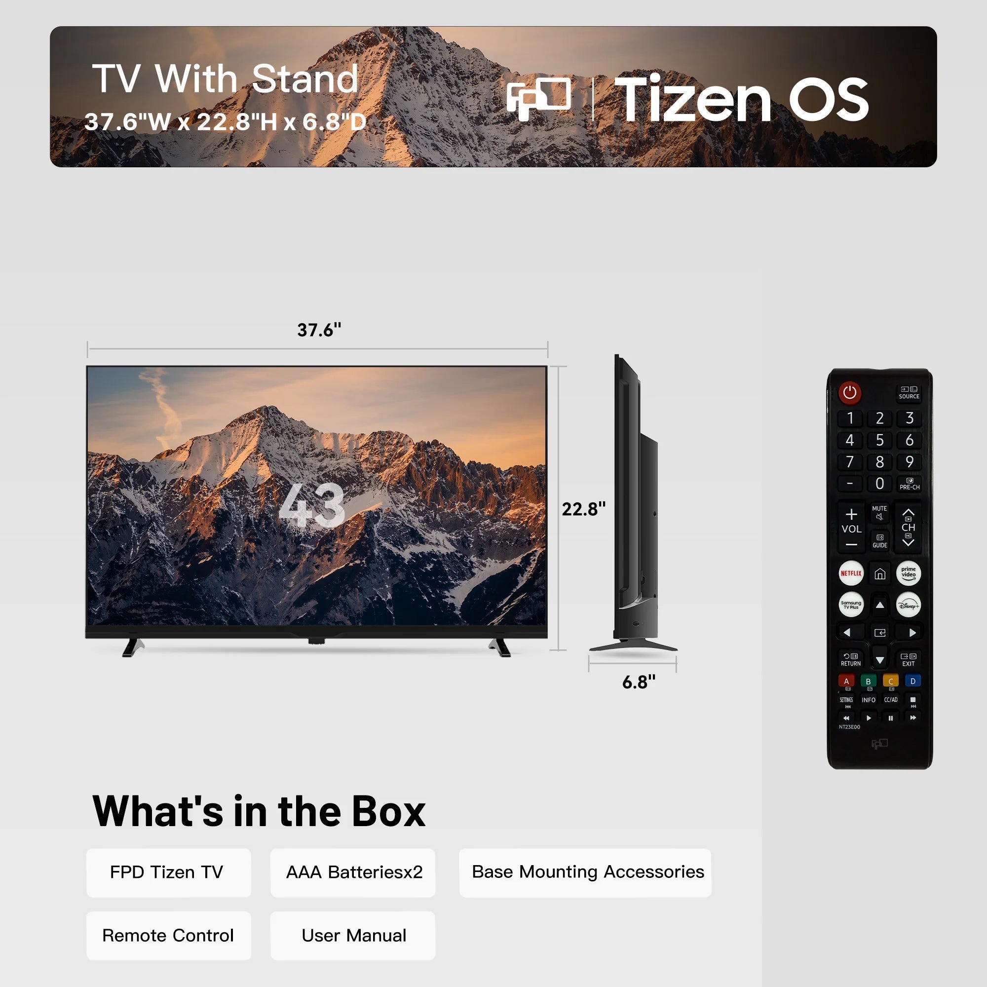FPD 43 Inch Smart TV 1080P Full HD Powered by Tizen OS Compatible with Dolby Audio, HDR 10, HDMI, WiFi, Bluetooth, Flat Screen Television - FPD