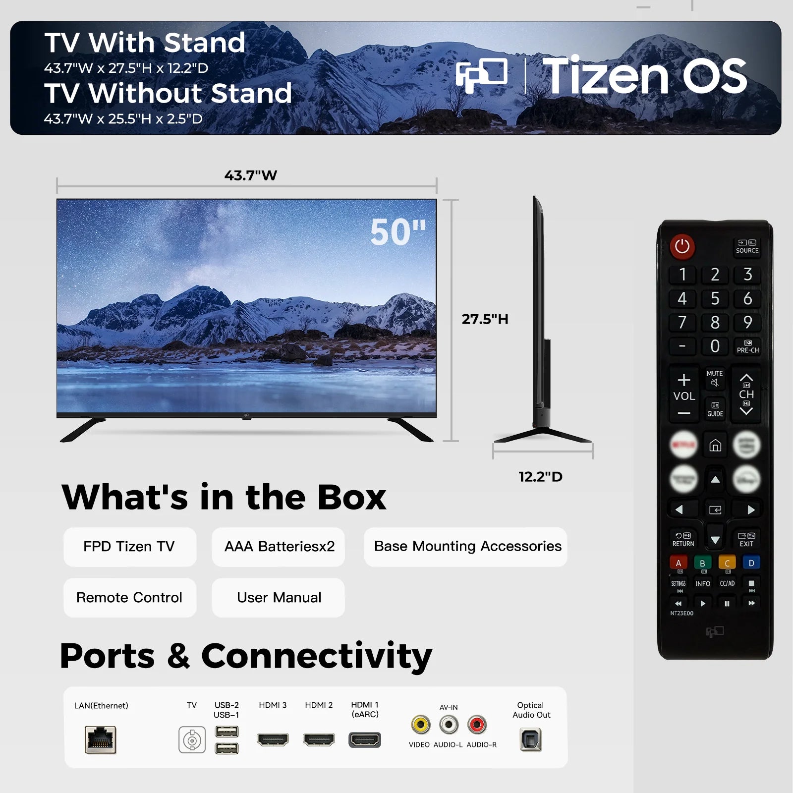 FPD 50-inch Tizen TV dimensions ports and included accessories
