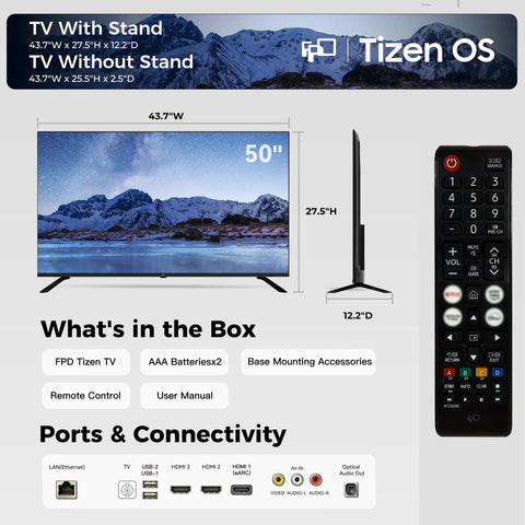 FPD 50-inch Tizen TV dimensions ports and included accessories